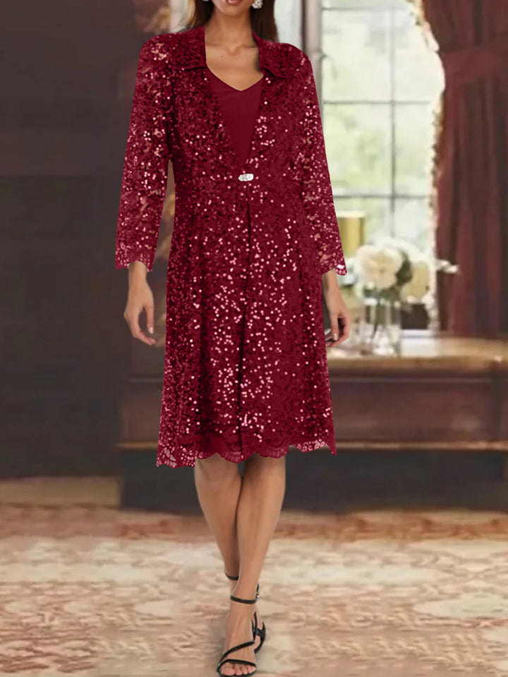 Sheath/Column Chiffon V-Neck Mother of the Bride Dresses with Sequins Jacket Knee-Length Long Sleeves
