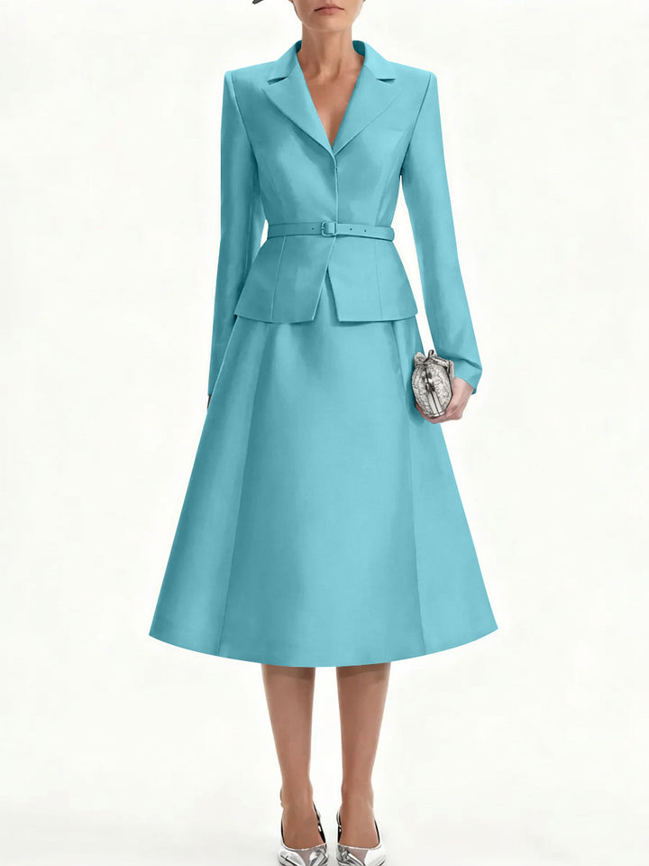 A-Line/Princess V-Neck Mother of Bride Dresss Blazer Long Sleeves Tea-Length Belt Satin