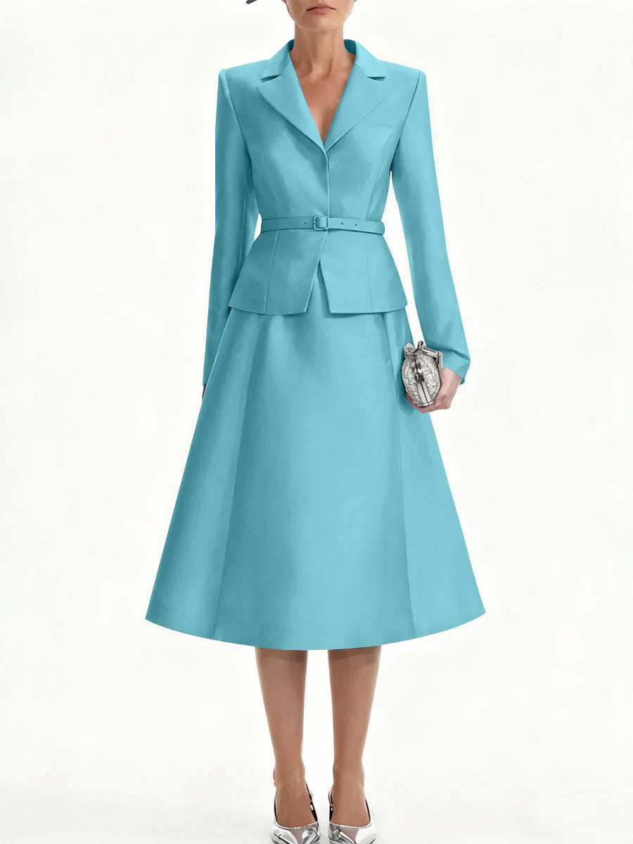 A-Line/Princess V-Neck Mother of Bride Dresss Blazer Long Sleeves Tea-Length Belt Satin