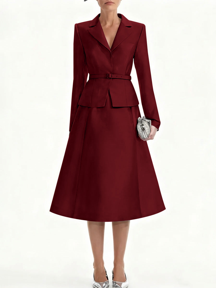 A-Line/Princess V-Neck Mother of Bride Dresss Blazer Long Sleeves Tea-Length Belt Satin
