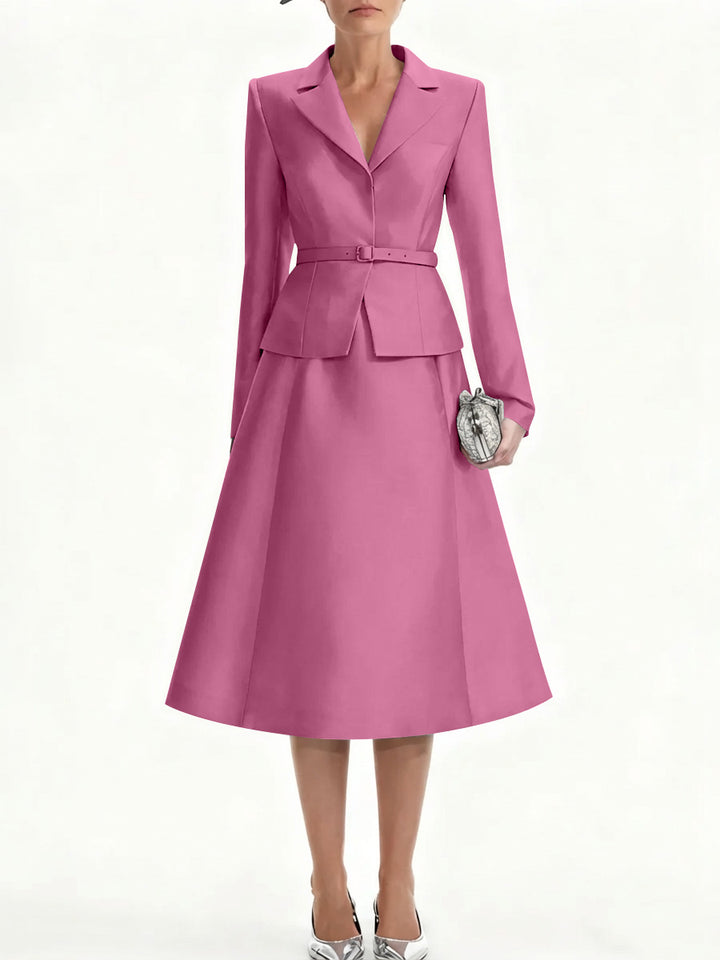 A-Line/Princess V-Neck Mother of Bride Dresss Blazer Long Sleeves Tea-Length Belt Satin