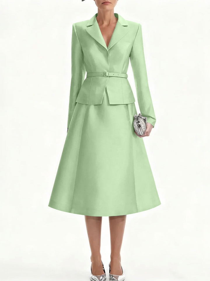 A-Line/Princess V-Neck Mother of Bride Dresss Blazer Long Sleeves Tea-Length Belt Satin