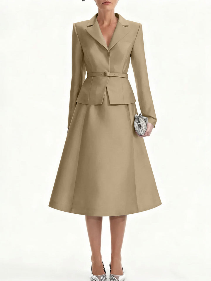 A-Line/Princess V-Neck Mother of Bride Dresss Blazer Long Sleeves Tea-Length Belt Satin