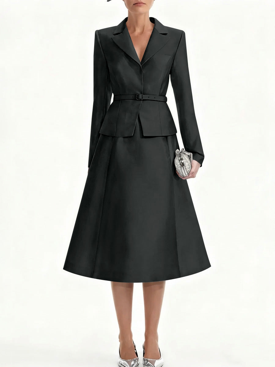 A-Line/Princess V-Neck Mother of Bride Dresss Blazer Long Sleeves Tea-Length Belt Satin