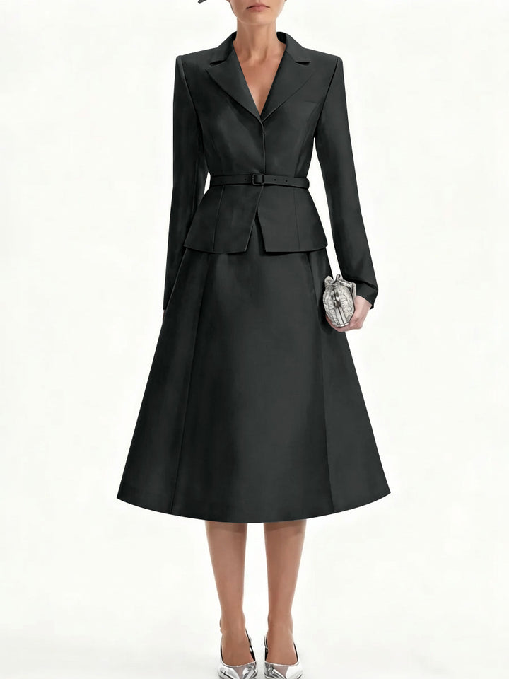A-Line/Princess V-Neck Mother of Bride Dresss Blazer Long Sleeves Tea-Length Belt Satin