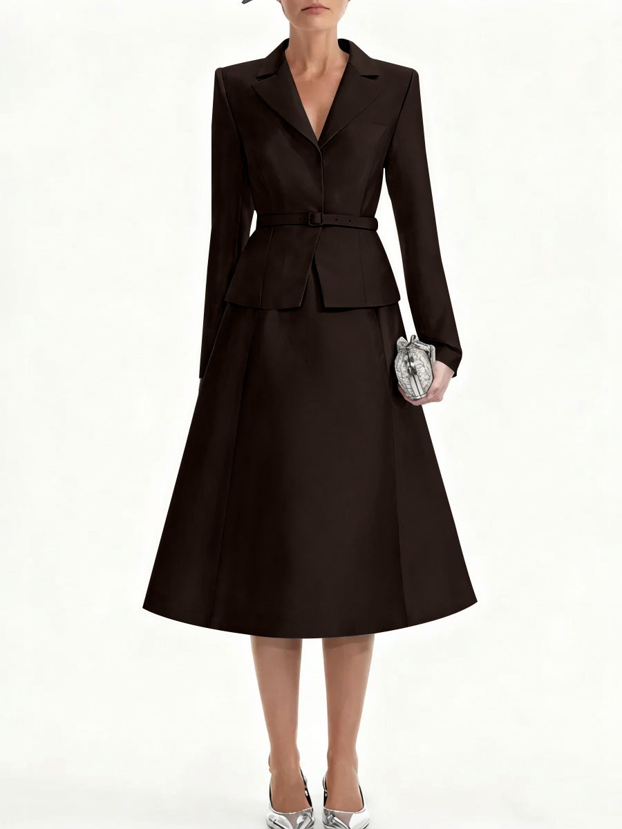 A-Line/Princess V-Neck Mother of Bride Dresss Blazer Long Sleeves Tea-Length Belt Satin