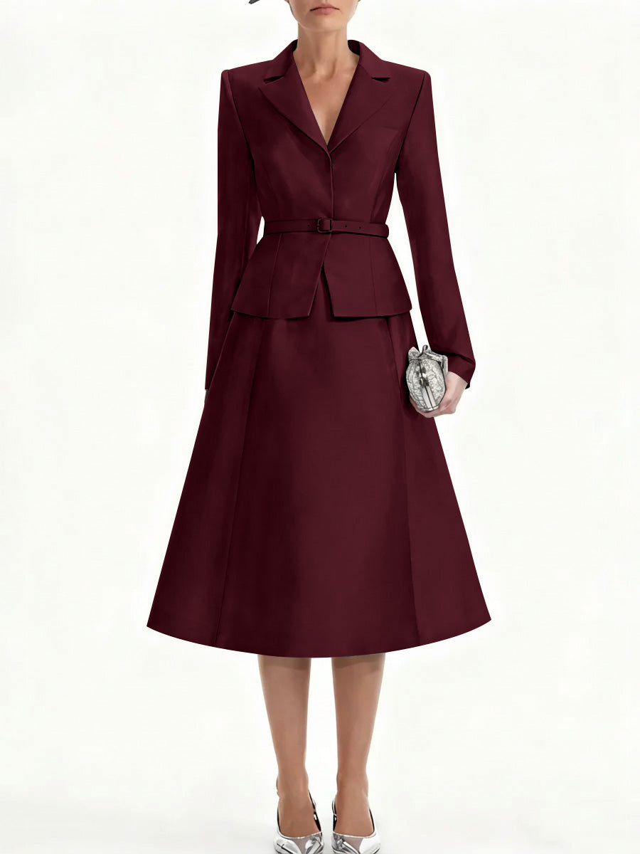 A-Line/Princess V-Neck Mother of Bride Dresss Blazer Long Sleeves Tea-Length Belt Satin