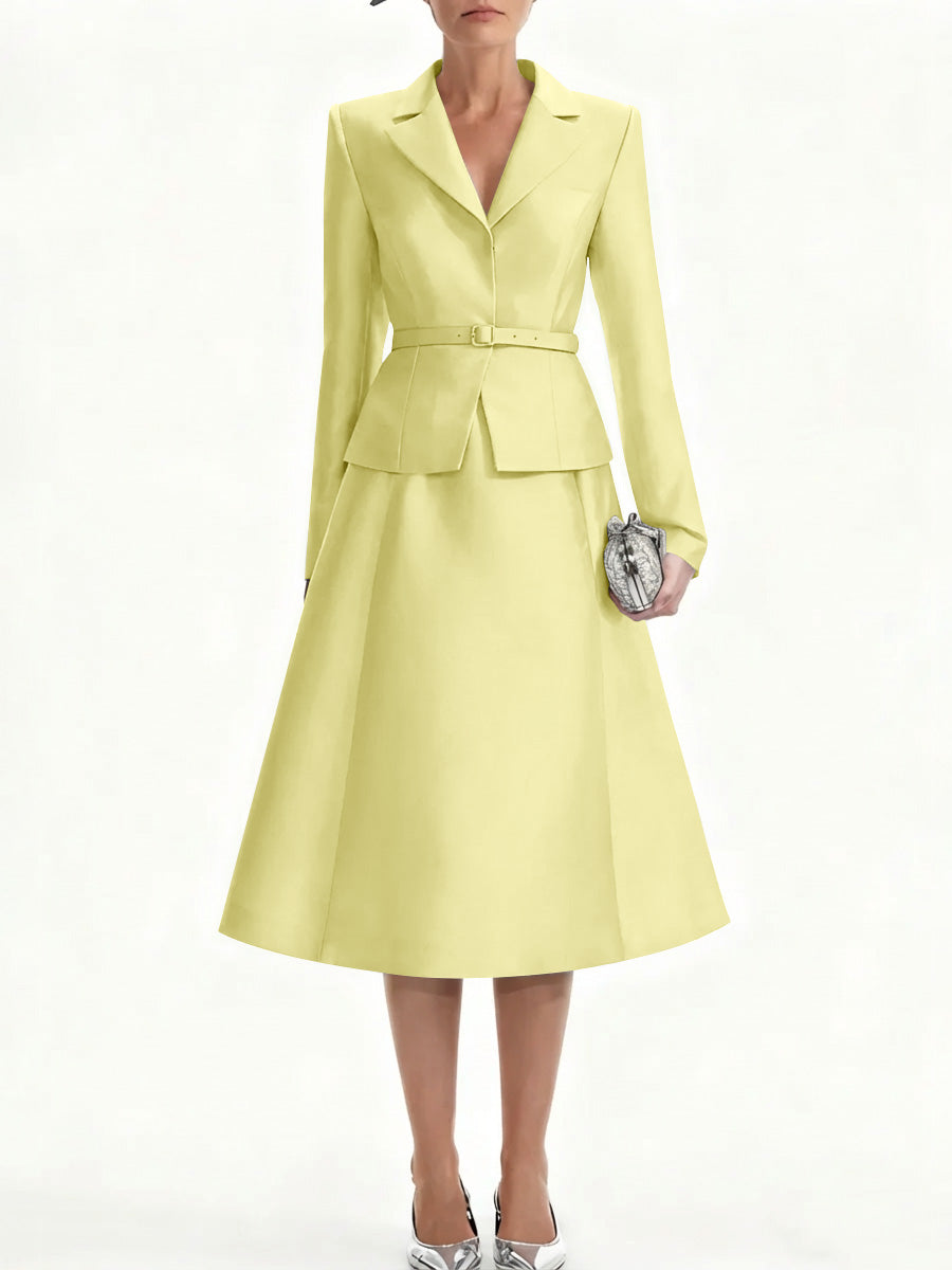A-Line/Princess V-Neck Mother of Bride Dresss Blazer Long Sleeves Tea-Length Belt Satin