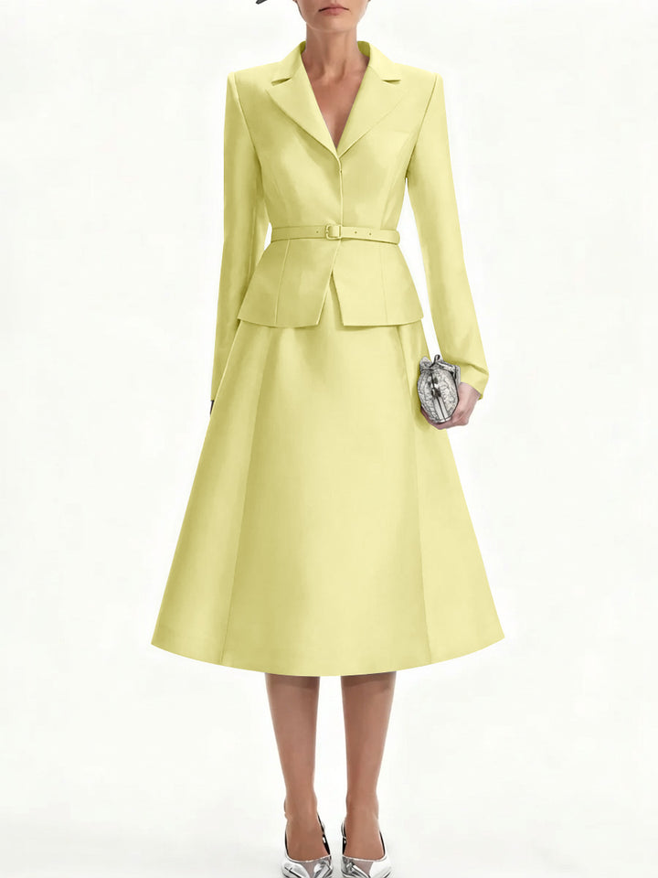 A-Line/Princess V-Neck Mother of Bride Dresss Blazer Long Sleeves Tea-Length Belt Satin
