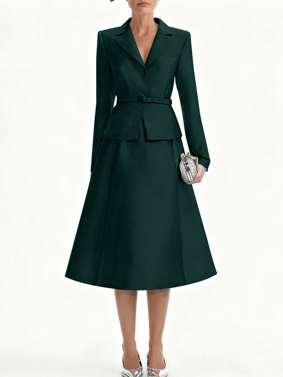 A-Line/Princess V-Neck Mother of Bride Dresss Blazer Long Sleeves Tea-Length Belt Satin