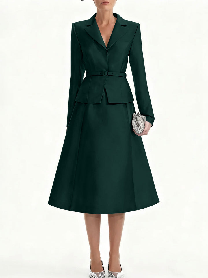 A-Line/Princess V-Neck Mother of Bride Dresss Blazer Long Sleeves Tea-Length Belt Satin