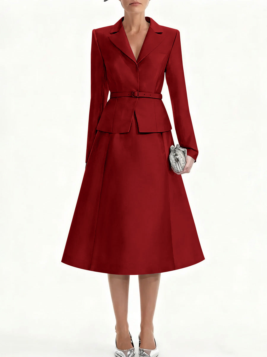 A-Line/Princess V-Neck Mother of Bride Dresss Blazer Long Sleeves Tea-Length Belt Satin