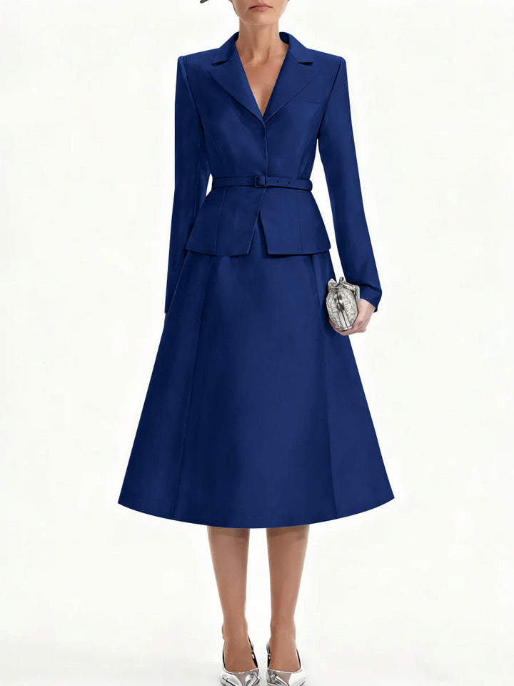 A-Line/Princess V-Neck Mother of Bride Dresss Blazer Long Sleeves Tea-Length Belt Satin