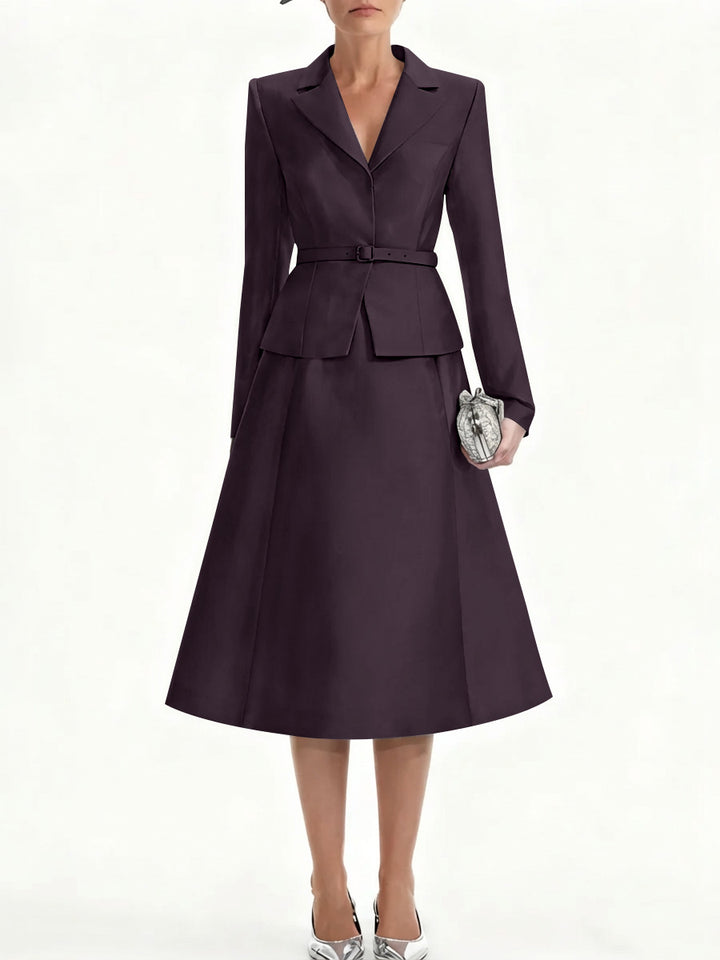 A-Line/Princess V-Neck Mother of Bride Dresss Blazer Long Sleeves Tea-Length Belt Satin