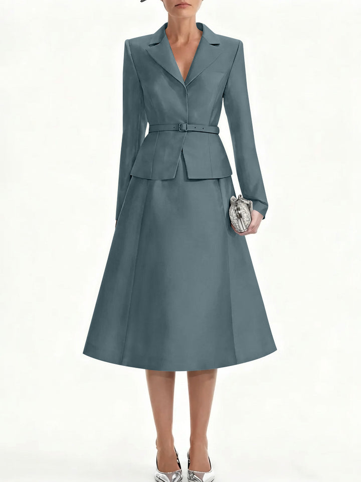A-Line/Princess V-Neck Mother of Bride Dresss Blazer Long Sleeves Tea-Length Belt Satin