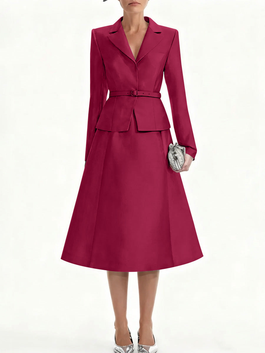 A-Line/Princess V-Neck Mother of Bride Dresss Blazer Long Sleeves Tea-Length Belt Satin