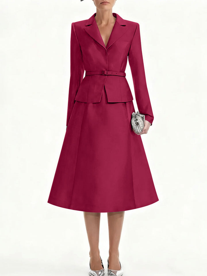 A-Line/Princess V-Neck Mother of Bride Dresss Blazer Long Sleeves Tea-Length Belt Satin