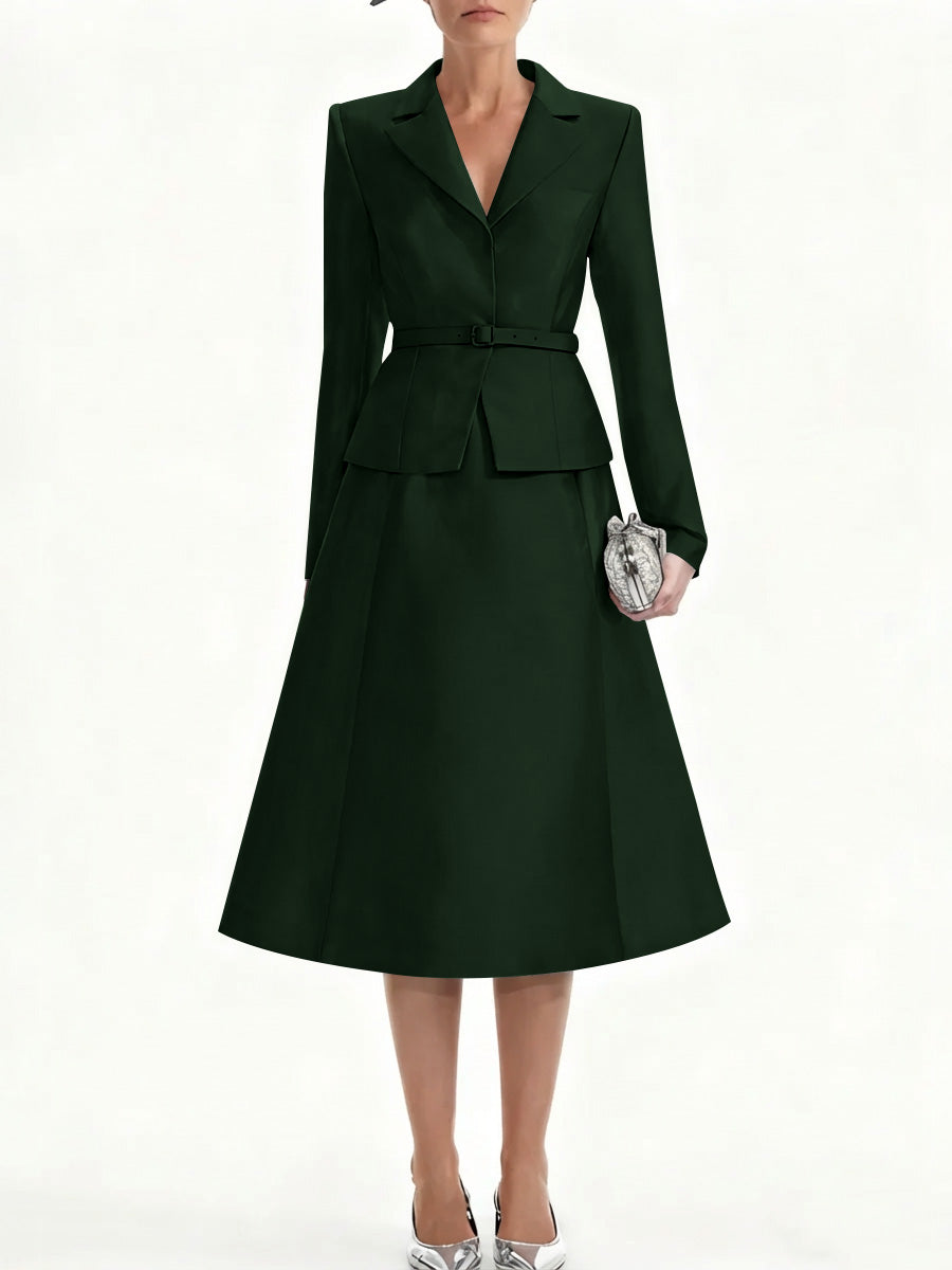 A-Line/Princess V-Neck Mother of Bride Dresss Blazer Long Sleeves Tea-Length Belt Satin