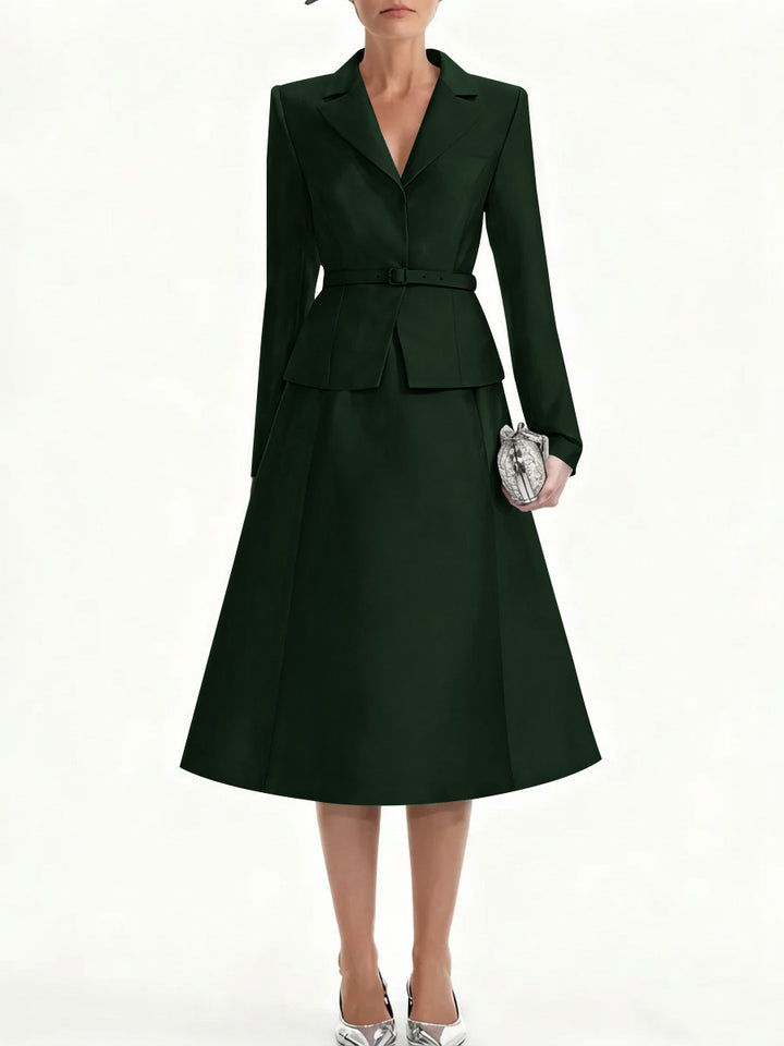 A-Line/Princess V-Neck Mother of Bride Dresss Blazer Long Sleeves Tea-Length Belt Satin
