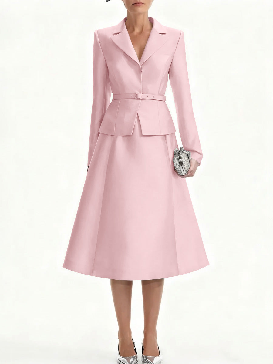 A-Line/Princess V-Neck Mother of Bride Dresss Blazer Long Sleeves Tea-Length Belt Satin
