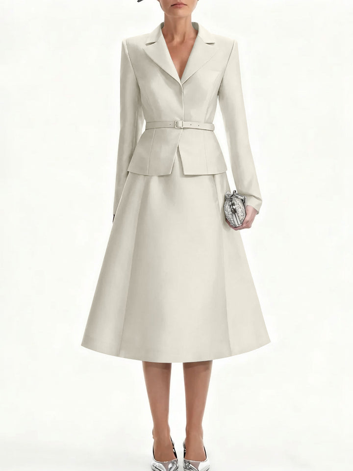 A-Line/Princess V-Neck Mother of Bride Dresss Blazer Long Sleeves Tea-Length Belt Satin