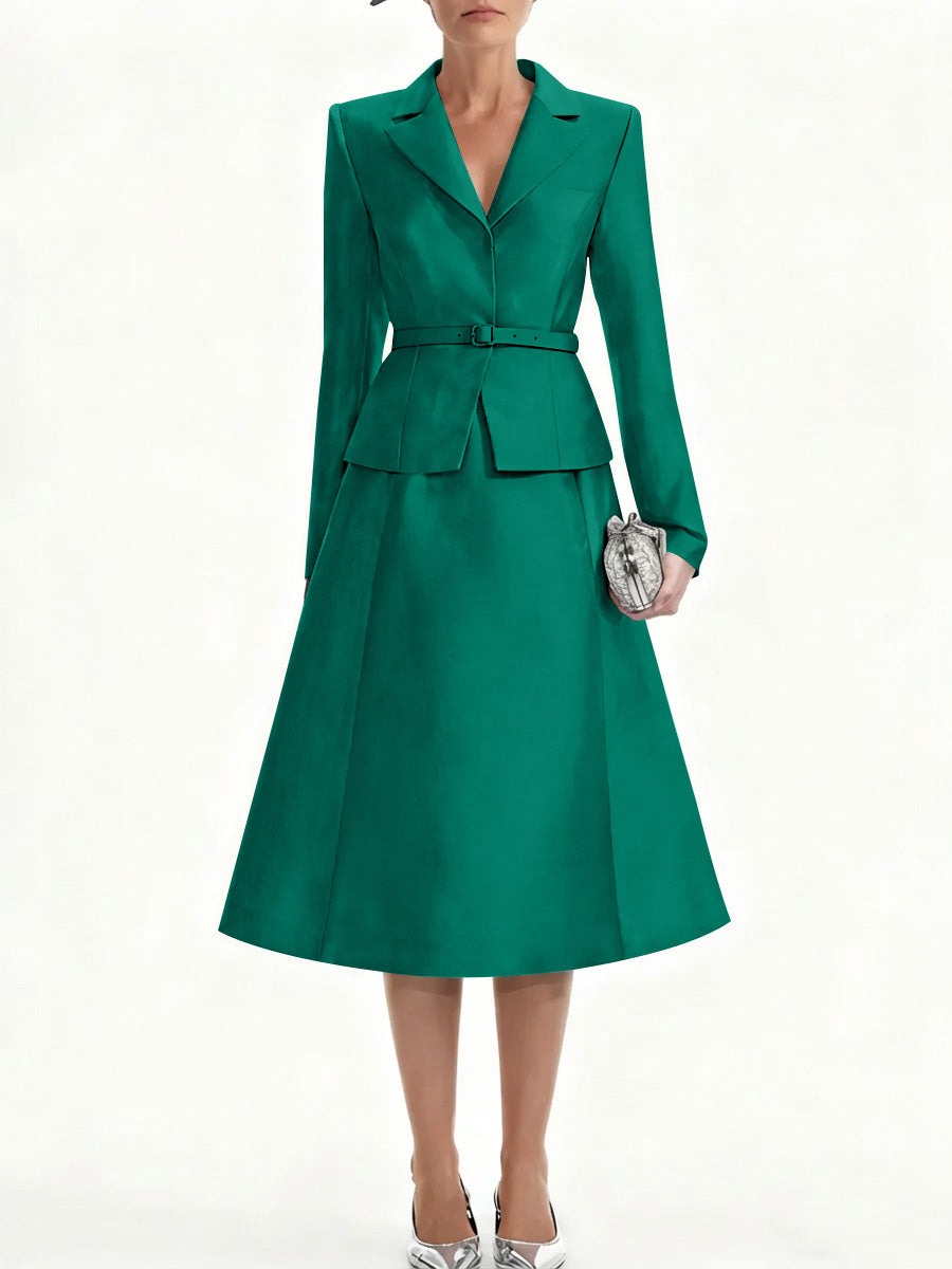 A-Line/Princess V-Neck Mother of Bride Dresss Blazer Long Sleeves Tea-Length Belt Satin