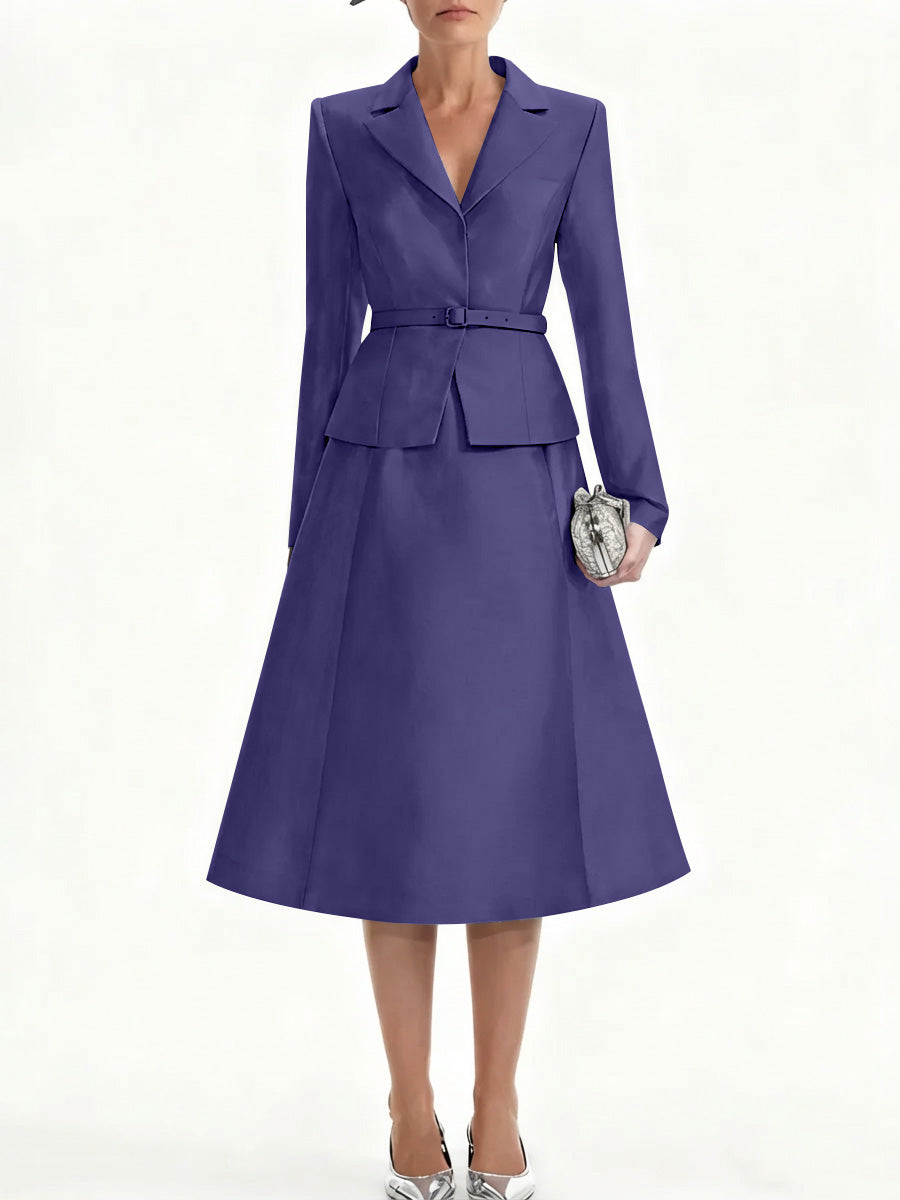 A-Line/Princess V-Neck Mother of Bride Dresss Blazer Long Sleeves Tea-Length Belt Satin