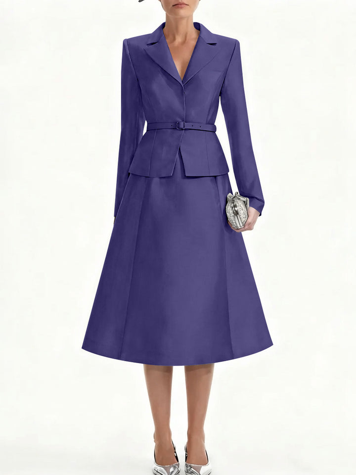 A-Line/Princess V-Neck Mother of Bride Dresss Blazer Long Sleeves Tea-Length Belt Satin