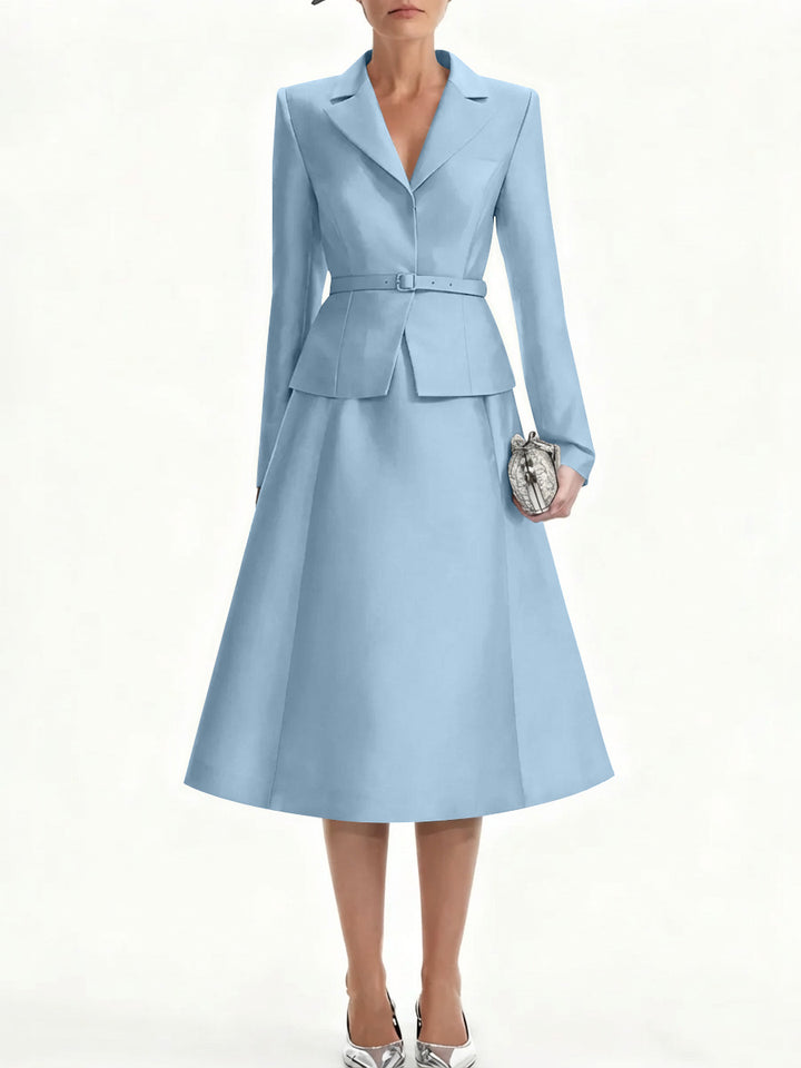 A-Line/Princess V-Neck Mother of Bride Dresss Blazer Long Sleeves Tea-Length Belt Satin