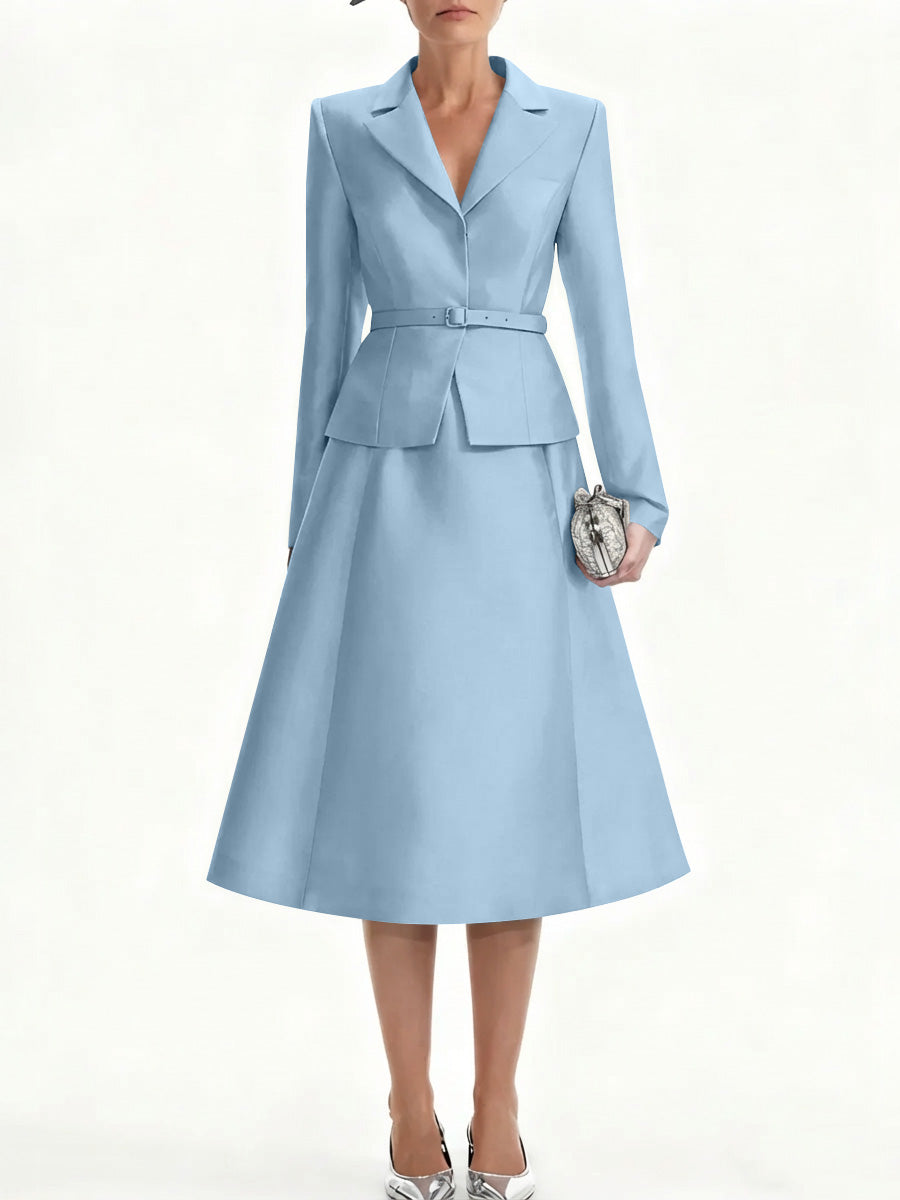 A-Line/Princess V-Neck Mother of Bride Dresss Blazer Long Sleeves Tea-Length Belt Satin