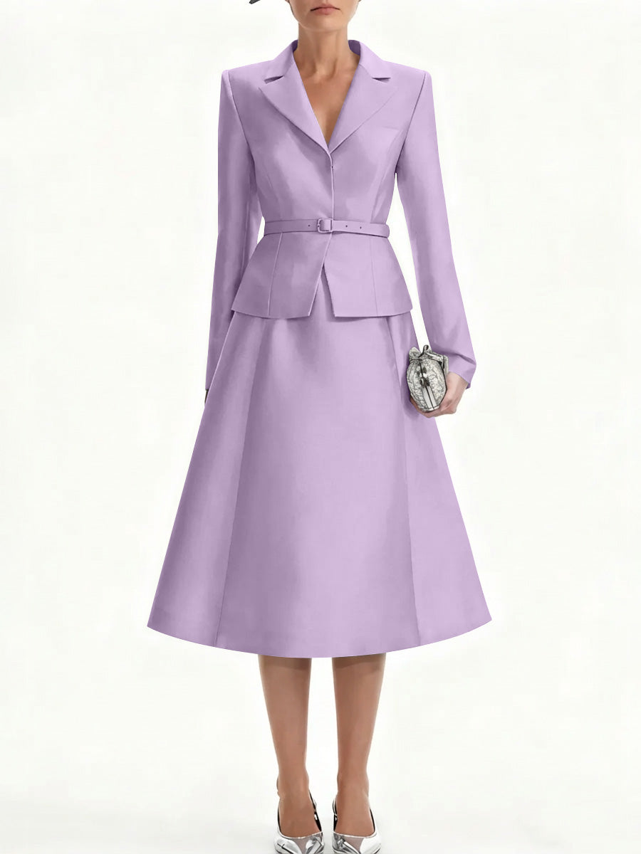 A-Line/Princess V-Neck Mother of Bride Dresss Blazer Long Sleeves Tea-Length Belt Satin