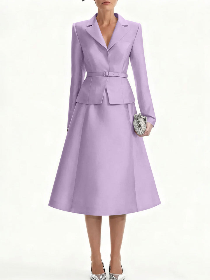 A-Line/Princess V-Neck Mother of Bride Dresss Blazer Long Sleeves Tea-Length Belt Satin