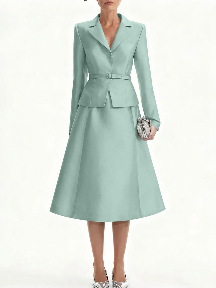 A-Line/Princess V-Neck Mother of Bride Dresss Blazer Long Sleeves Tea-Length Belt Satin