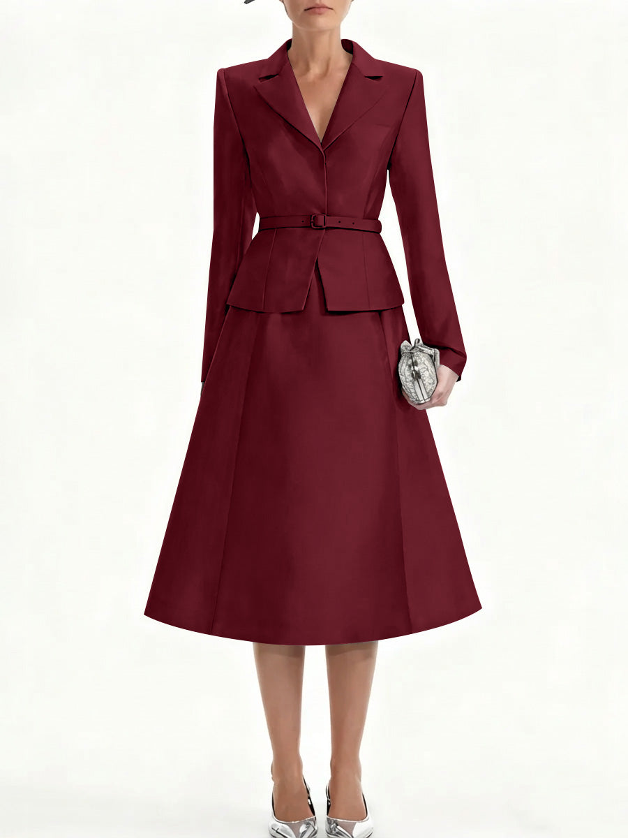 A-Line/Princess V-Neck Mother of Bride Dresss Blazer Long Sleeves Tea-Length Belt Satin
