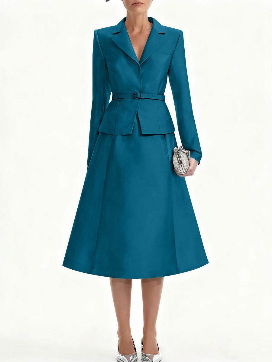 A-Line/Princess V-Neck Mother of Bride Dresss Blazer Long Sleeves Tea-Length Belt Satin