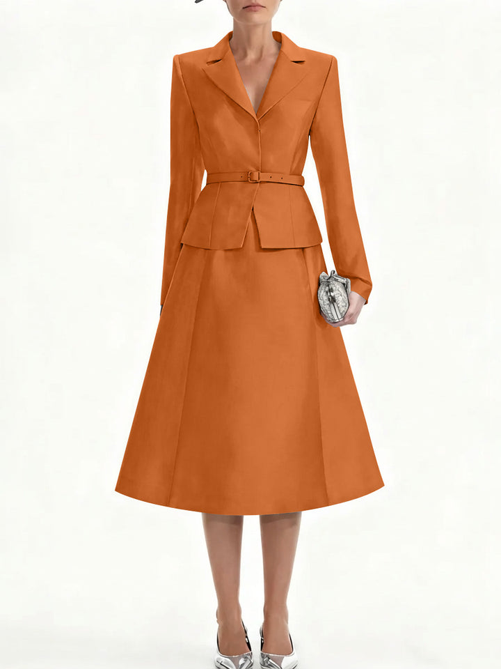 A-Line/Princess V-Neck Mother of Bride Dresss Blazer Long Sleeves Tea-Length Belt Satin