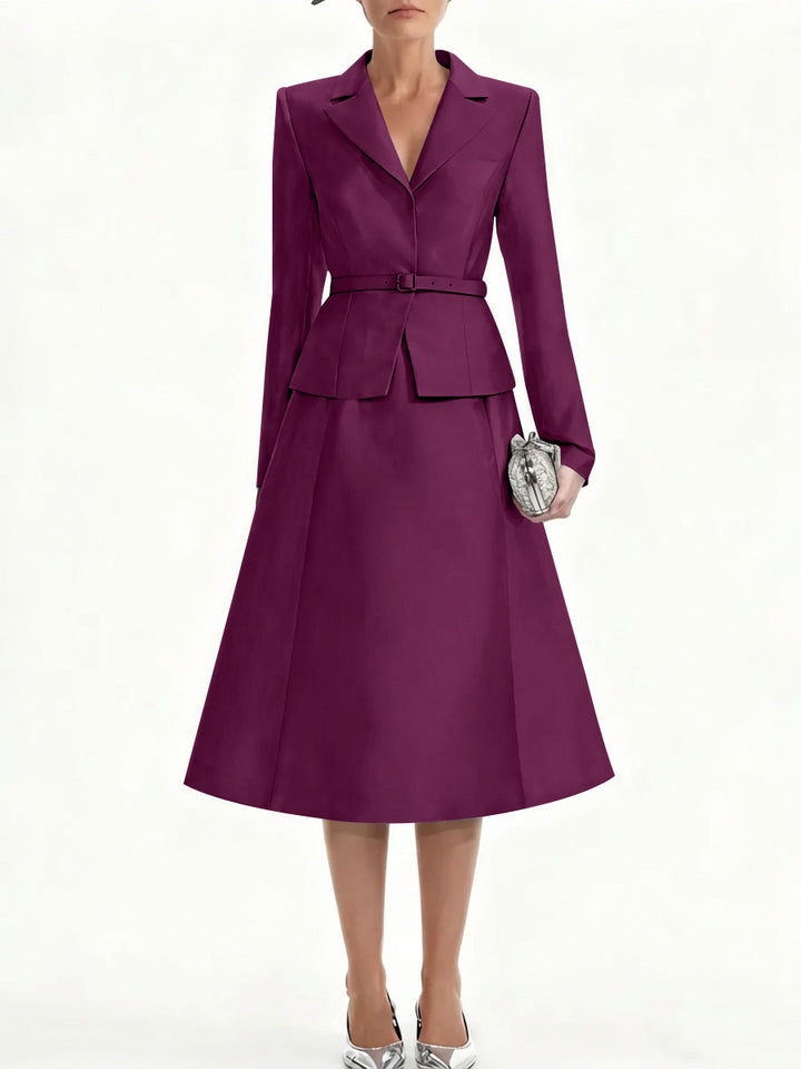 A-Line/Princess V-Neck Mother of Bride Dresss Blazer Long Sleeves Tea-Length Belt Satin