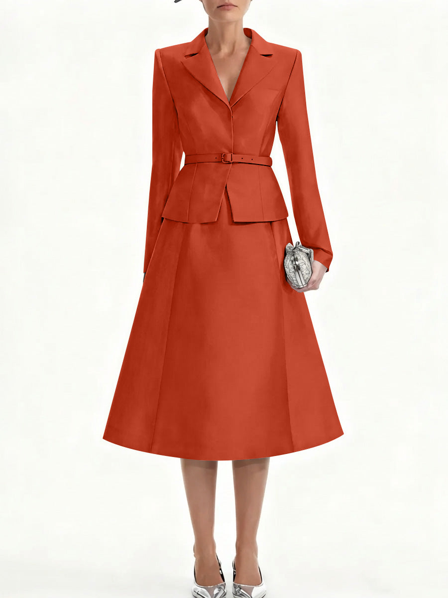 A-Line/Princess V-Neck Mother of Bride Dresss Blazer Long Sleeves Tea-Length Belt Satin