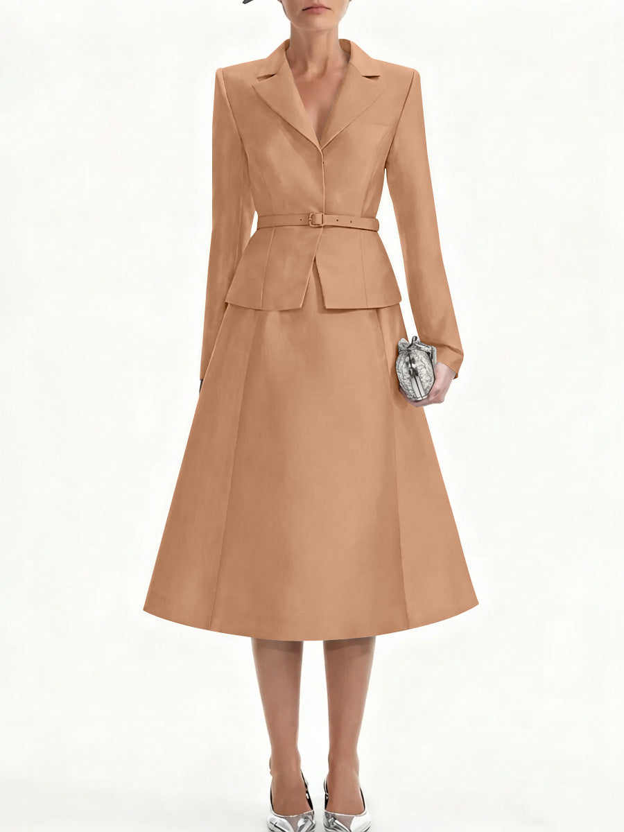 A-Line/Princess V-Neck Mother of Bride Dresss Blazer Long Sleeves Tea-Length Belt Satin