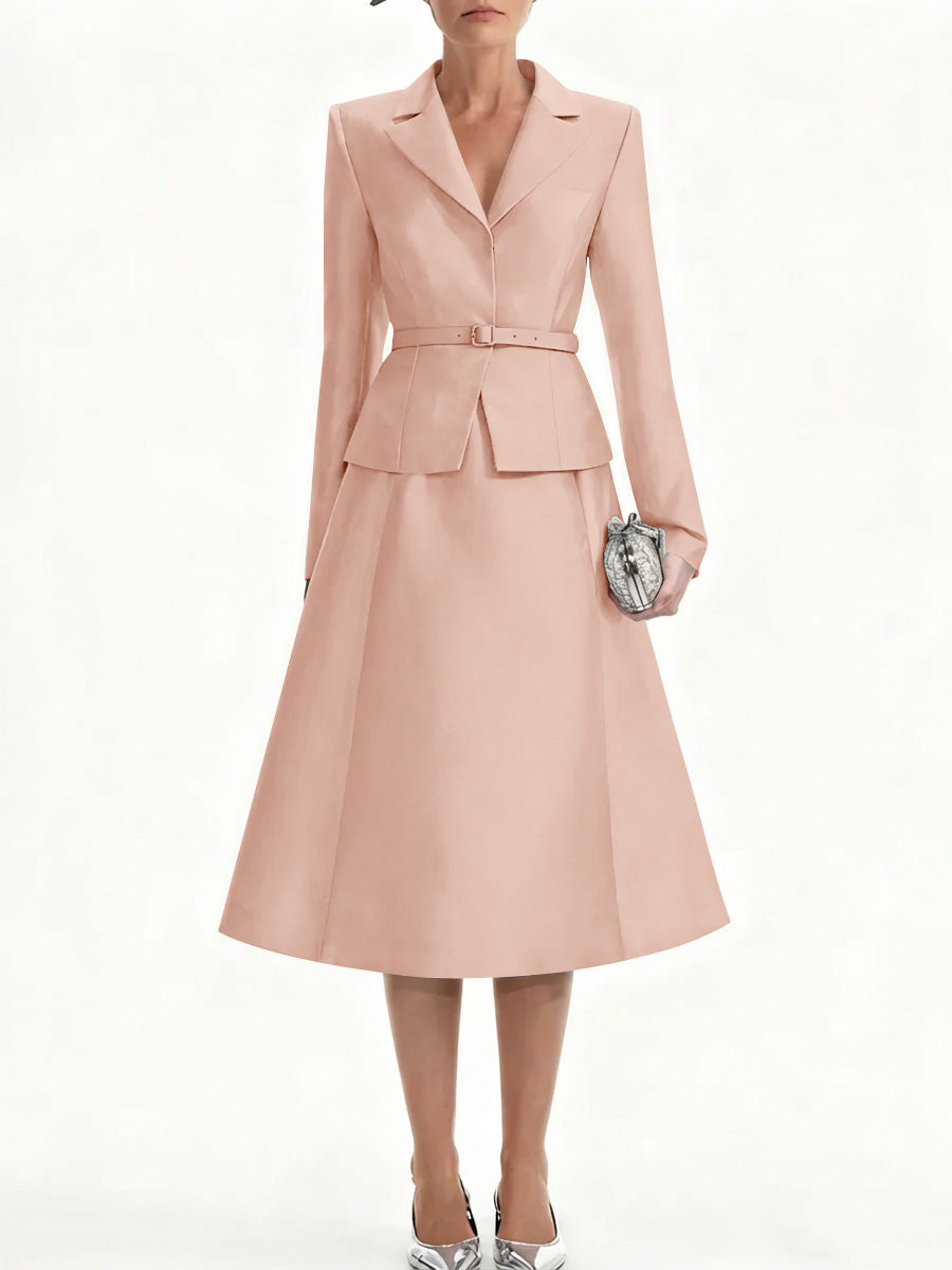 A-Line/Princess V-Neck Mother of Bride Dresss Blazer Long Sleeves Tea-Length Belt Satin