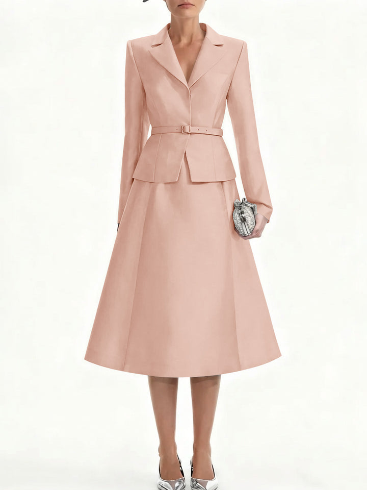 A-Line/Princess V-Neck Mother of Bride Dresss Blazer Long Sleeves Tea-Length Belt Satin