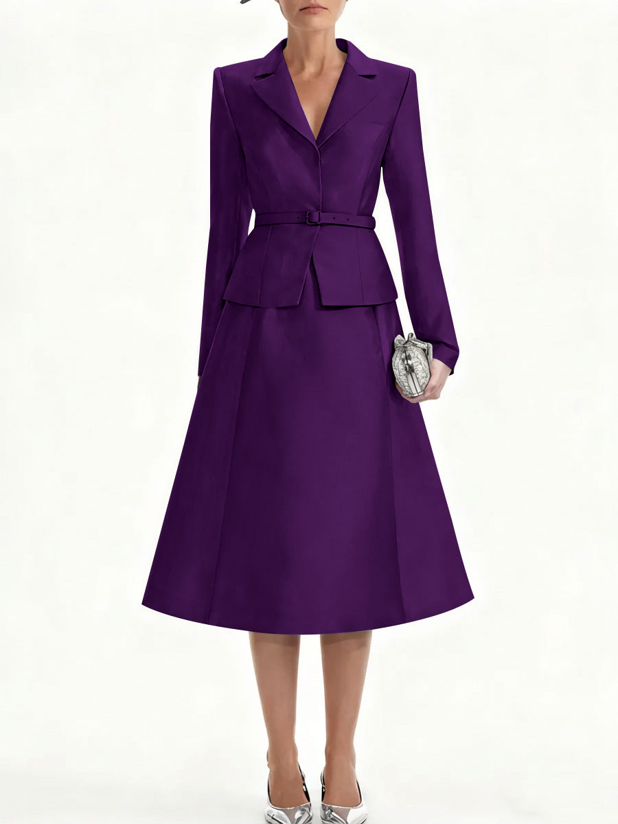 A-Line/Princess V-Neck Mother of Bride Dresss Blazer Long Sleeves Tea-Length Belt Satin