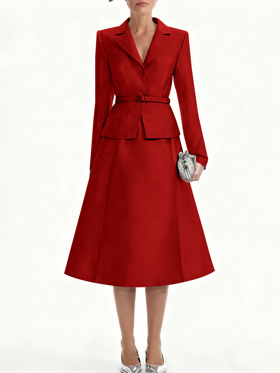 A-Line/Princess V-Neck Mother of Bride Dresss Blazer Long Sleeves Tea-Length Belt Satin