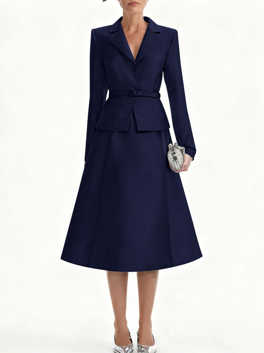 A-Line/Princess V-Neck Mother of Bride Dresss Blazer Long Sleeves Tea-Length Belt Satin
