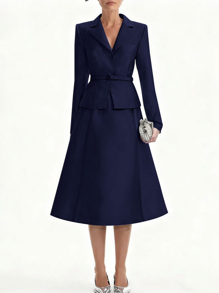 A-Line/Princess V-Neck Mother of Bride Dresss Blazer Long Sleeves Tea-Length Belt Satin