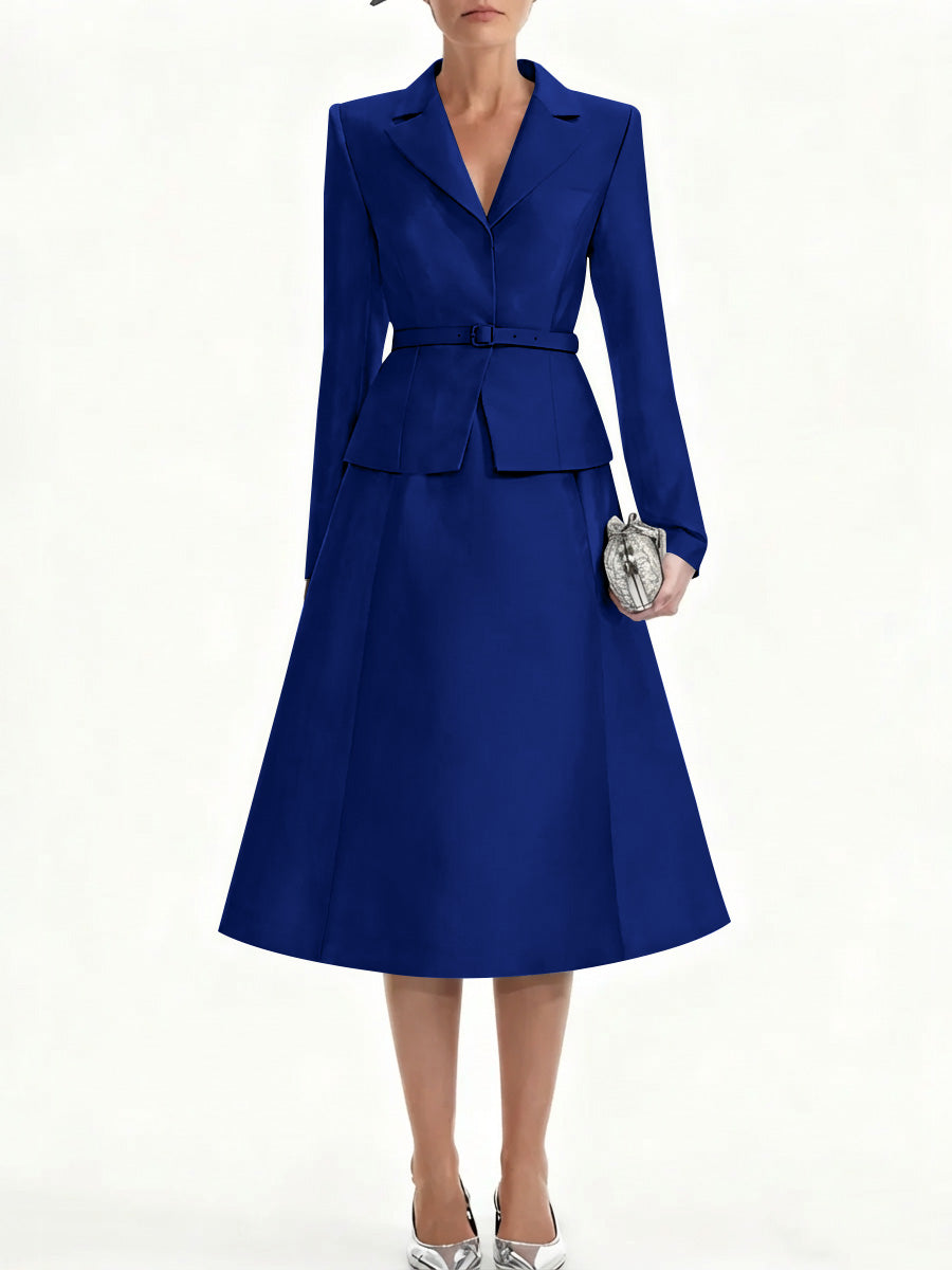 A-Line/Princess V-Neck Mother of Bride Dresss Blazer Long Sleeves Tea-Length Belt Satin