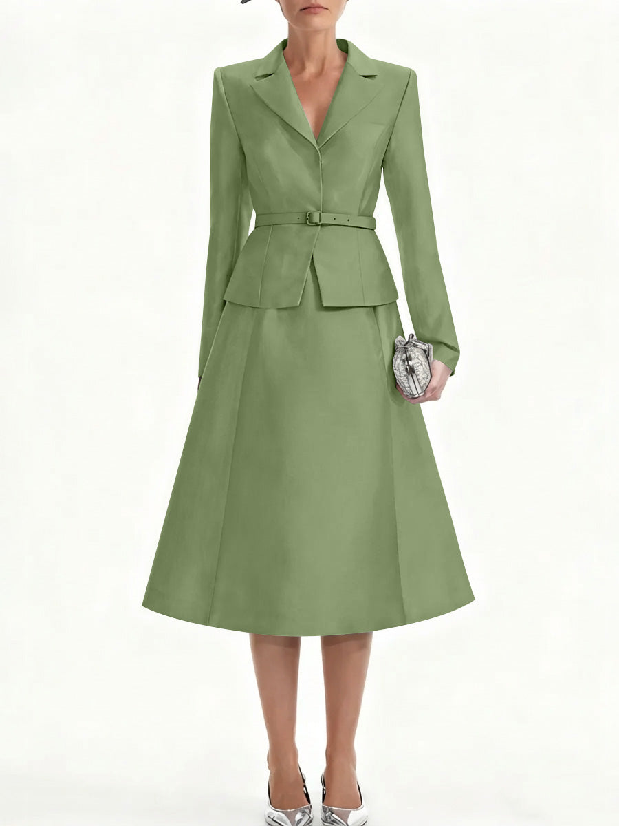 A-Line/Princess V-Neck Mother of Bride Dresss Blazer Long Sleeves Tea-Length Belt Satin