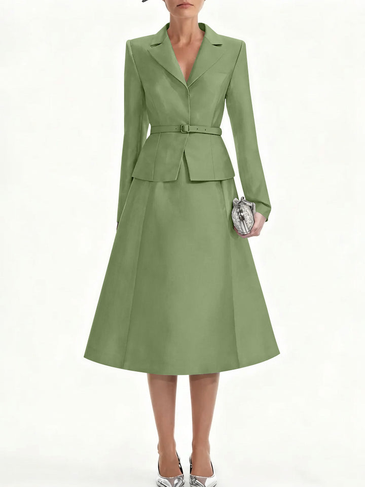 A-Line/Princess V-Neck Mother of Bride Dresss Blazer Long Sleeves Tea-Length Belt Satin