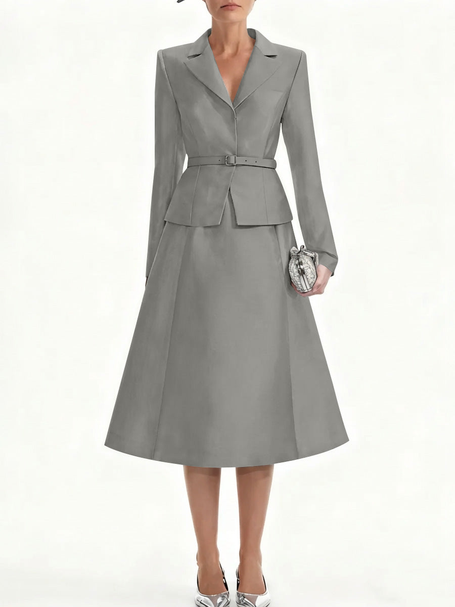 A-Line/Princess V-Neck Mother of Bride Dresss Blazer Long Sleeves Tea-Length Belt Satin