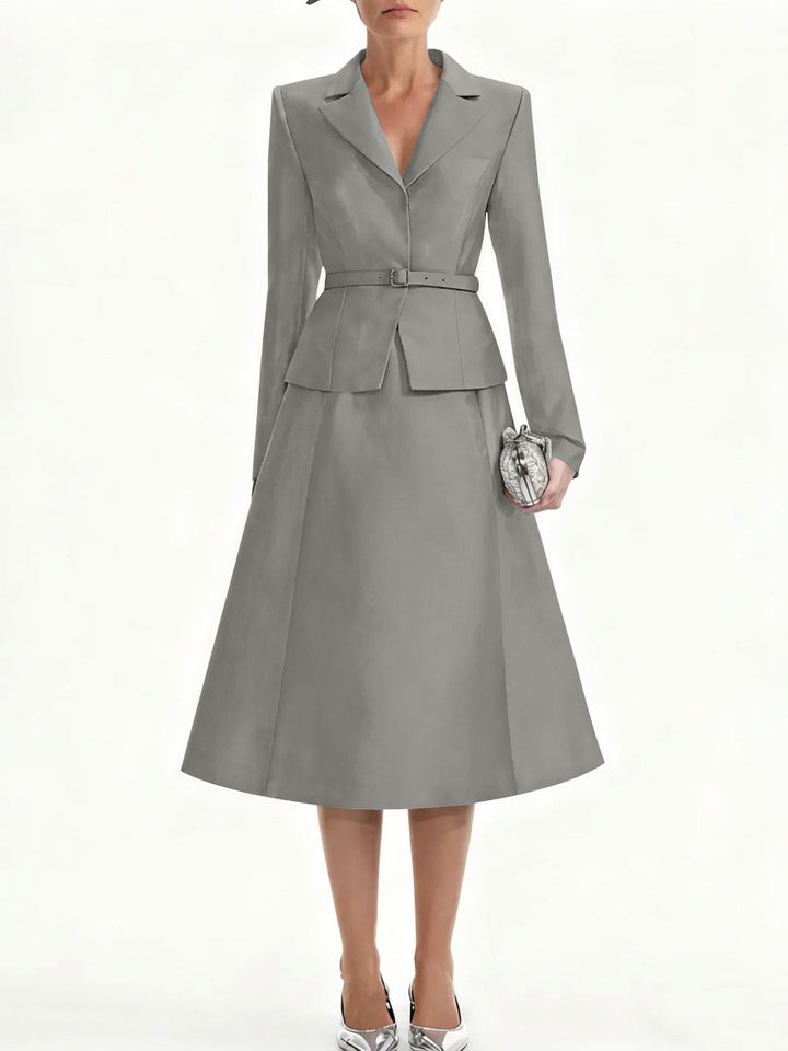 A-Line/Princess V-Neck Mother of Bride Dresss Blazer Long Sleeves Tea-Length Belt Satin